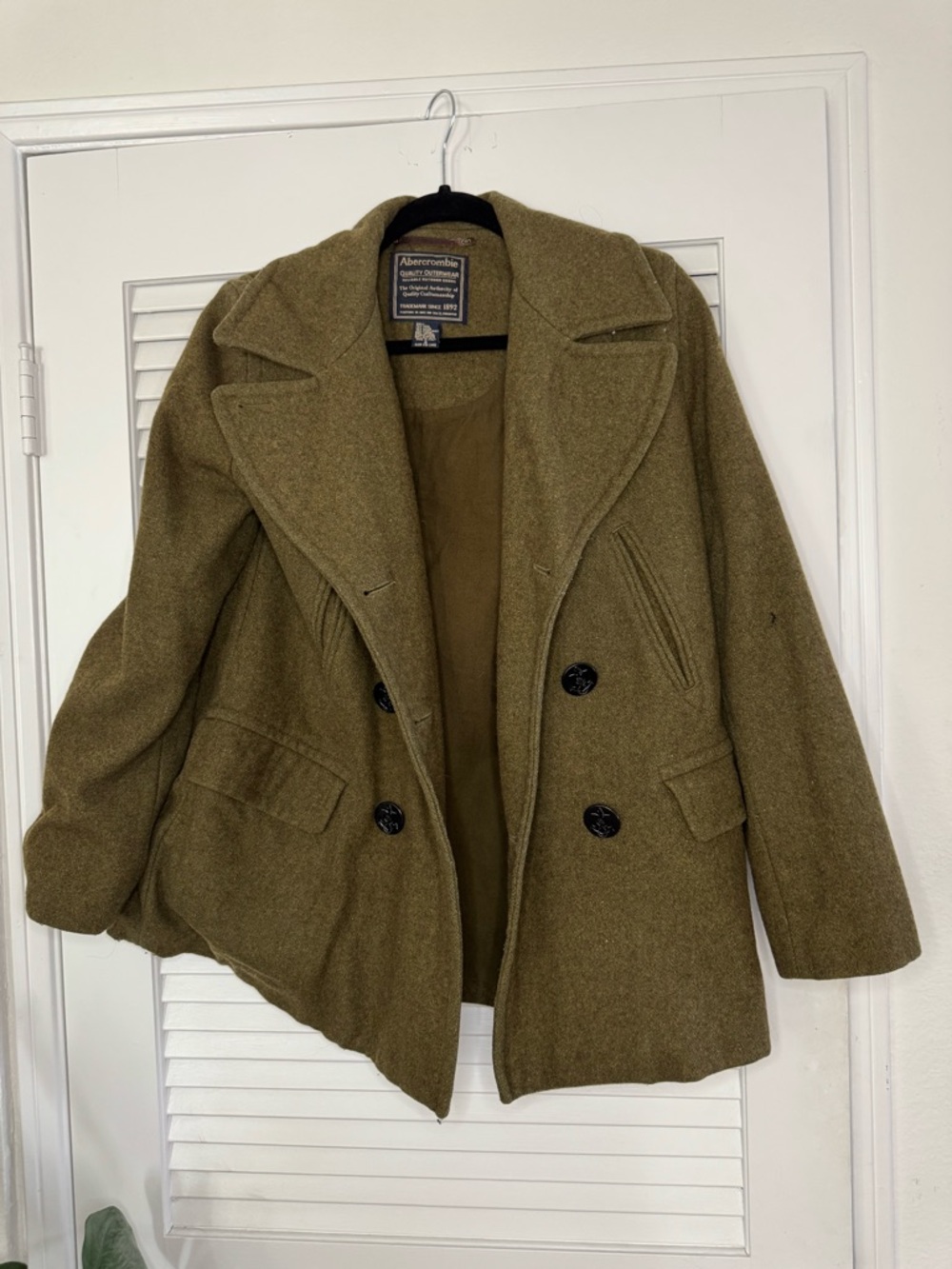Vintage Abercrombie & Fitch Olive Wool Blend Double-Breasted Peacoat